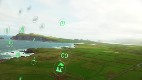 animation of network of eco icons over seascape