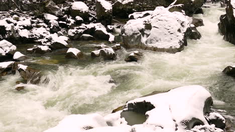 Atemberaubende-Winterlandschaft-Eines-Gebirgsflusses,-Der-Durch-Felsiges-Gelände-Fließt,-Perfekt-Für-Naturszenen