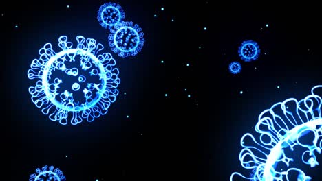 blue glowing holographic image of coronavirus like covid-19 virus or influenza virus flies in air or float smoothly on black background. 3d animation in 4k looped. for informational presentation.