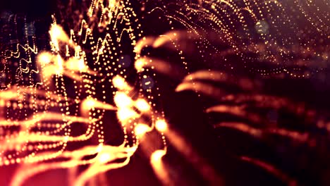 4k render of glow particles as abstract seamless dynamic background with depth of field and bokeh. science fiction or microcosm, space or digital abstract space. 3d loop animation. red gold strings 6