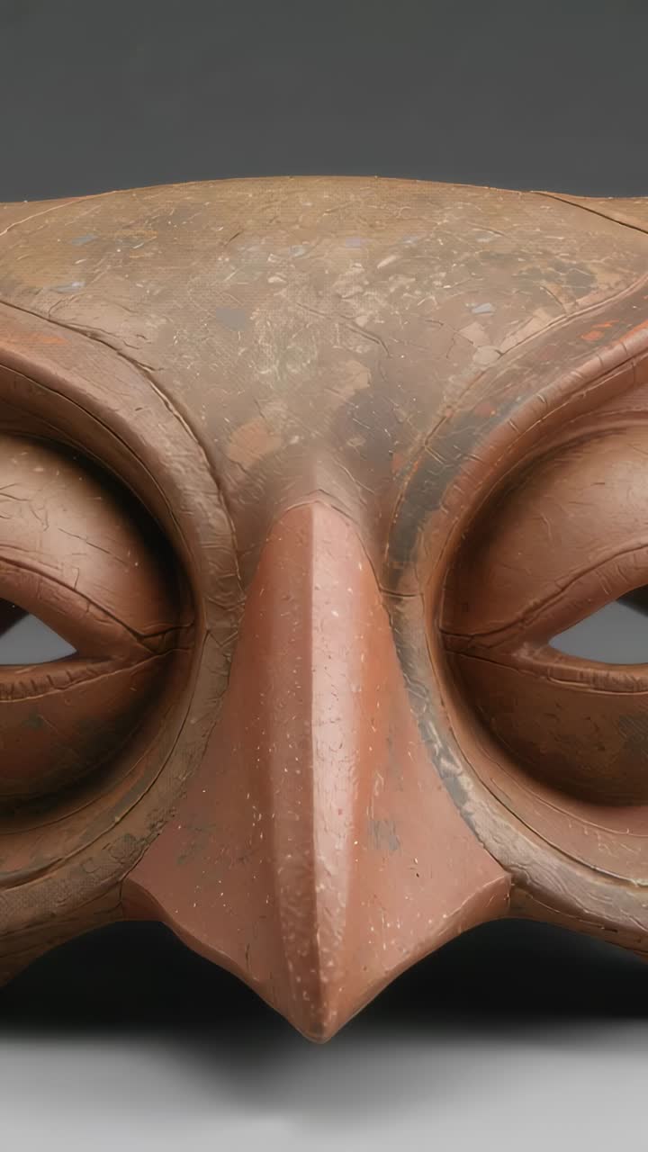 Vertical video: Reacting to light shifts terracotta bird mask showing patina in studio with stand