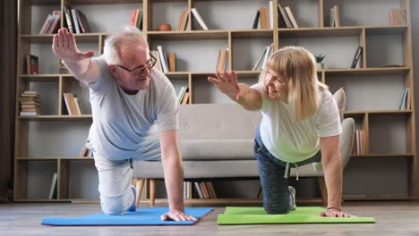 happy middleaged couple doing gymnastics and stretching yoga together at home happy middleaged couple doing gymnastics and stretching yoga together at home lifestyle and fitness