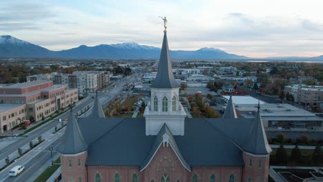 lds mormon temple in downtown city of provo, utah - aerial establishing reveal