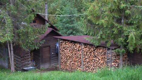 Ein-Großer-Stapel-Schneebedecktes-Brennholz-Steht-Im-Hinterhof-Des-Dorfes