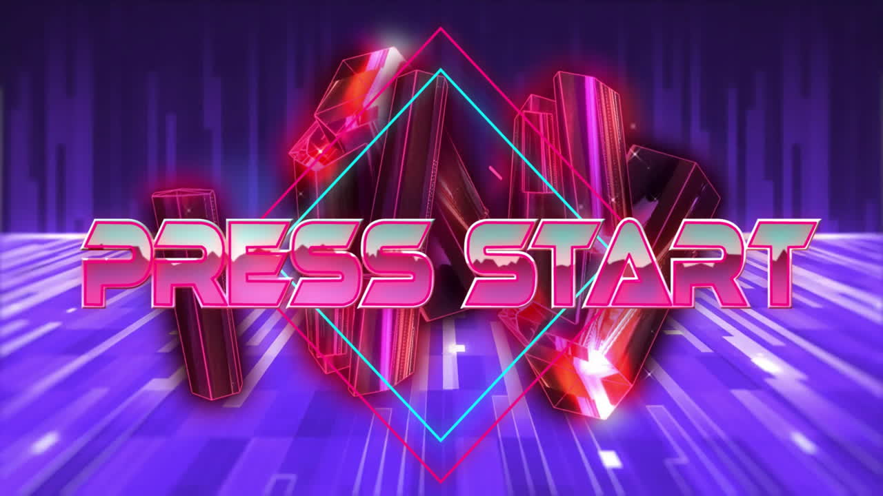 보라색 모양 위에 프레스 시작 텍스트와 빨간 크리스탈의 애니메이션