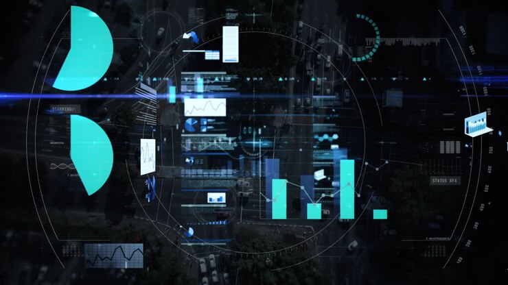 Animation of data processing and scope scanning over cityscape