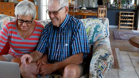 pareja de ancianos usando una computadora portátil en el sofá 4k