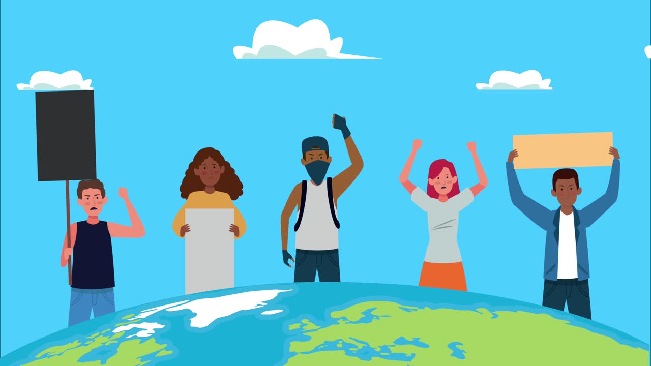 인종 간의 사람들이 지구 행성에서 발을 들고 시위를 하고 있습니다.