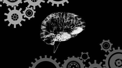 animation of brain rotating over black background with cogs