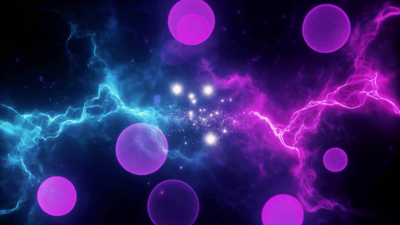 Sfondo astratto con fulmini blu e viola e sfere luminose fluttuanti
