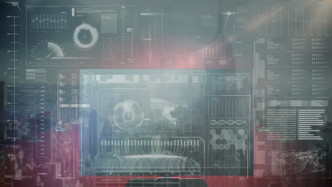 Animation of data processing and globe over cityscape