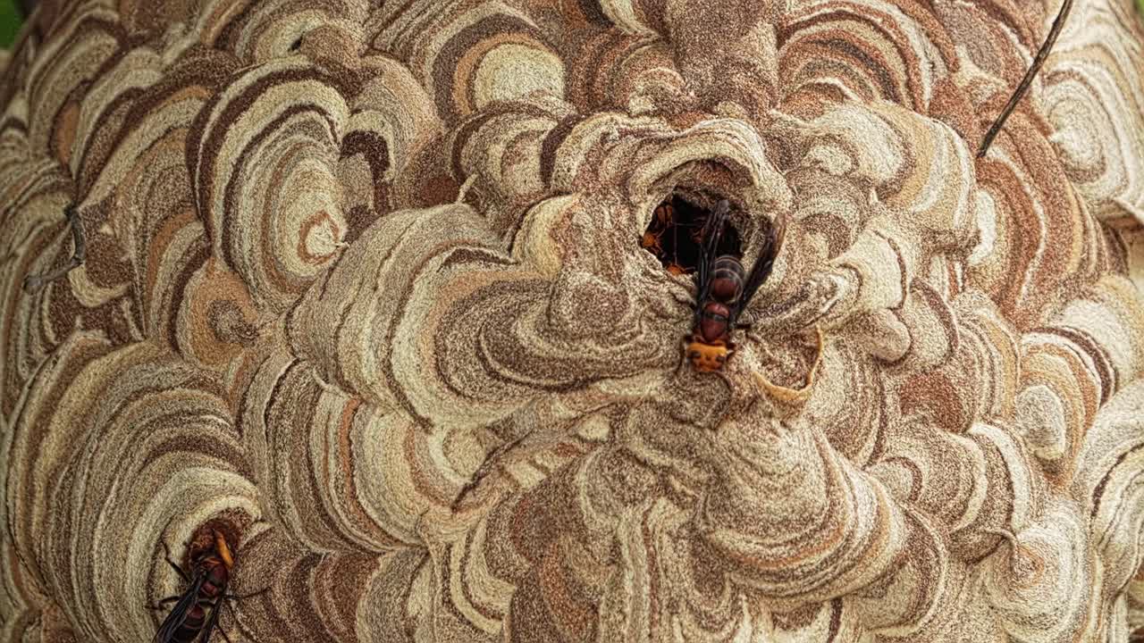 아름다운 아시아 말벌 벌집 클로즈업, 벌집에 들어오고 나가는 것