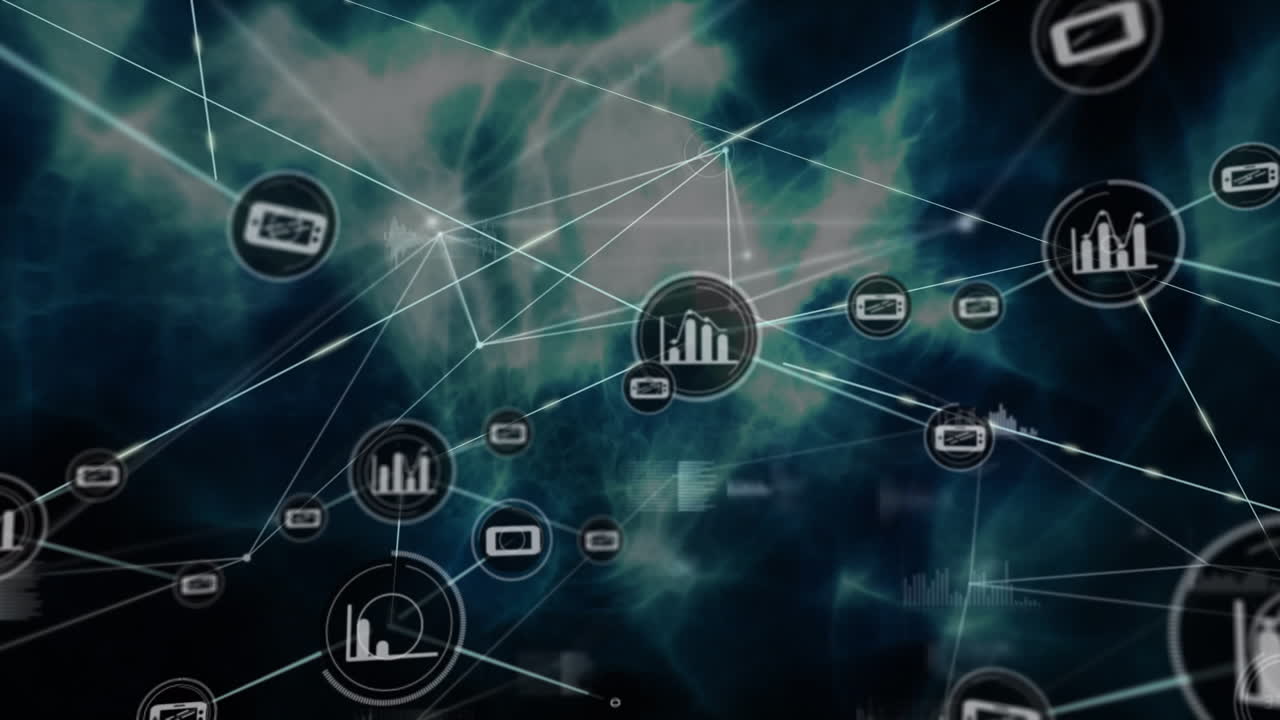 animación de la red de conexiones con iconos en fondo oscuro