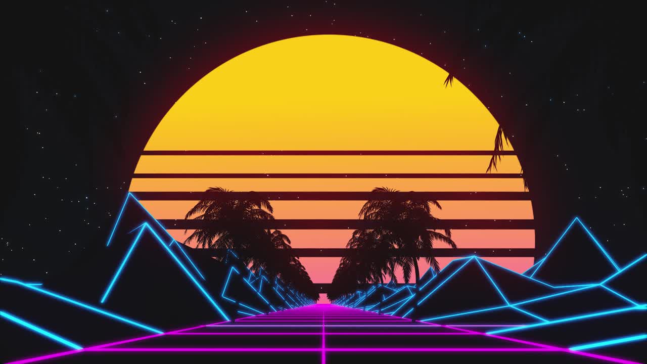 Retrowave horizon landscape with neon lights and low poly terrain with sun and mountains. 80s retro purple background loop animation