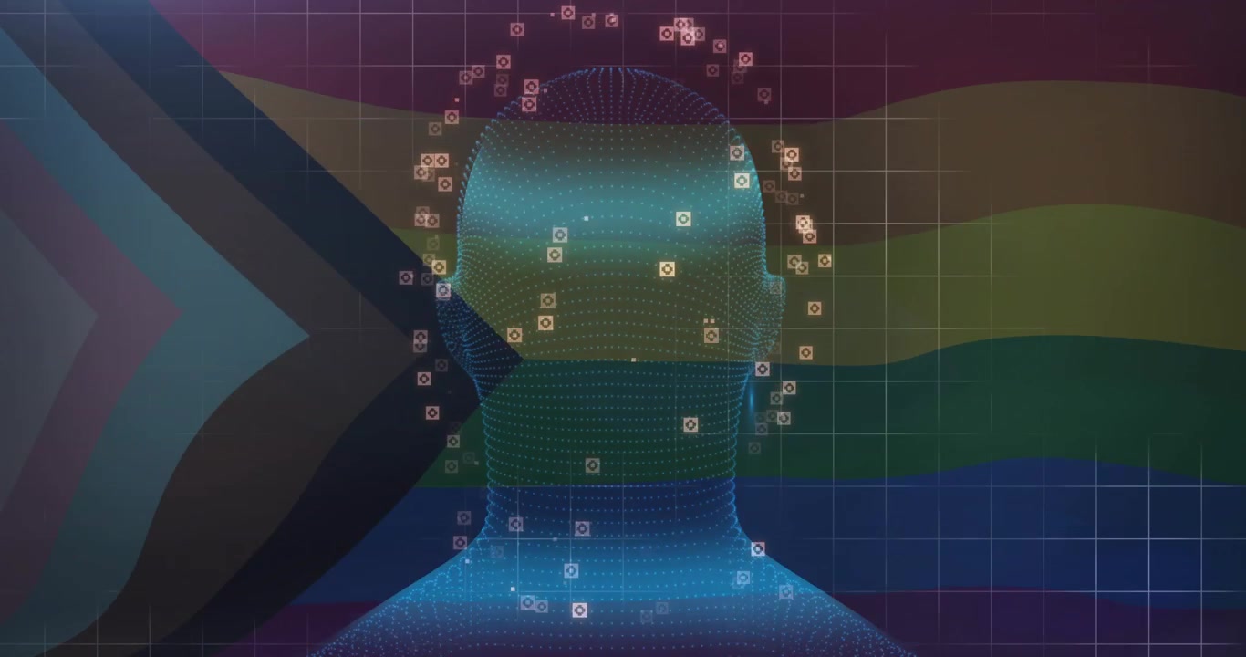On start 3D head rotating, nodes clustering and shifting, showing tracking against Pride flag