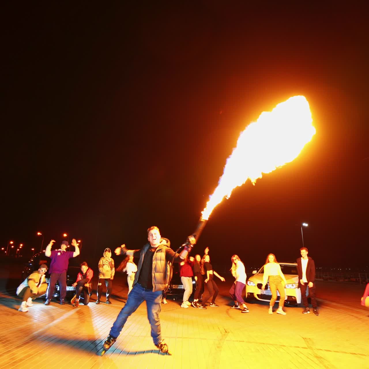 Caucasian man shooting fire from a special gun outdoors at night. Young people dancing standing near race cars at backdrop
