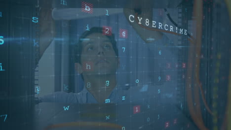animación de un ataque cibernético texto y procesamiento de datos sobre un técnico informático caucásico con servidor