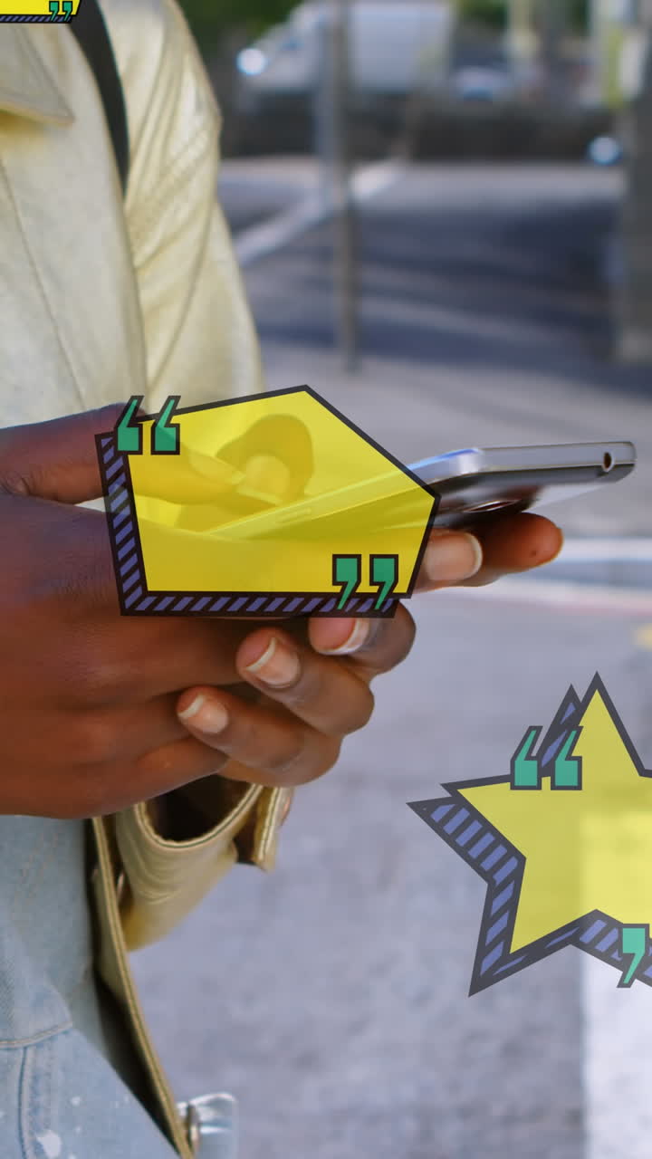 Animation of quotation icons over midsection of biracial woman using smartphone in city