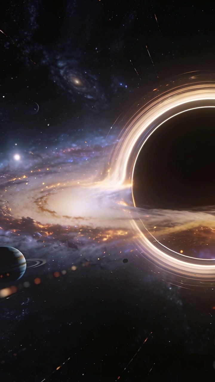 Vertical video: Panning left, black hole drawing accretion disk inward in space, copy space