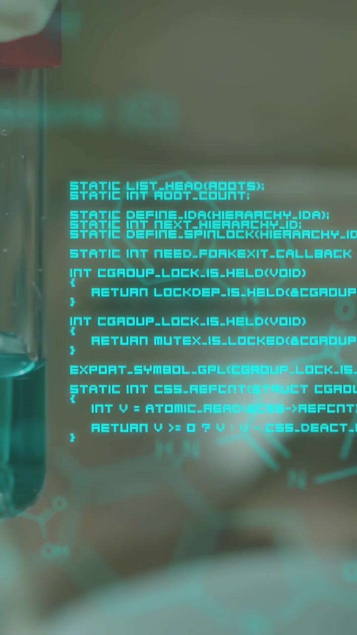 Vertical video: Woman tech moving vial in frame, making cyan code rings beside it for lab analysis