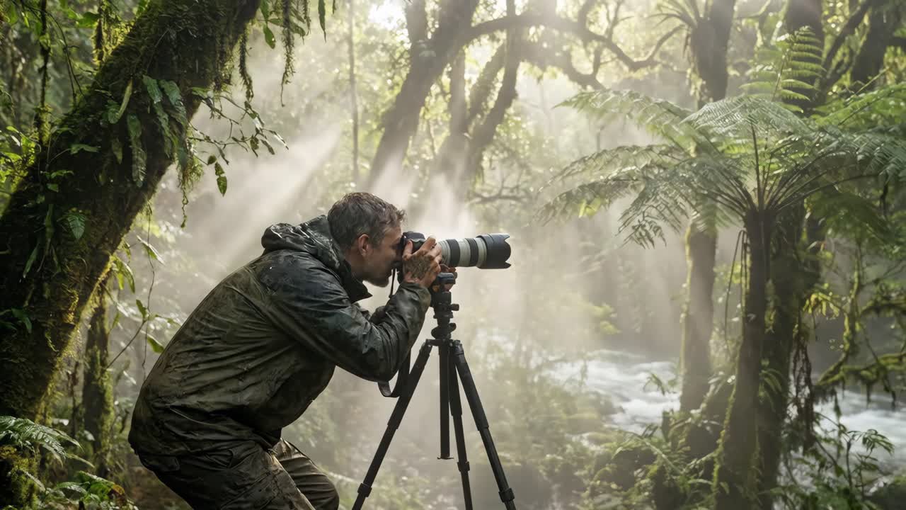 Nature Photographer with Camera and Tripod in a Misty Jungle
