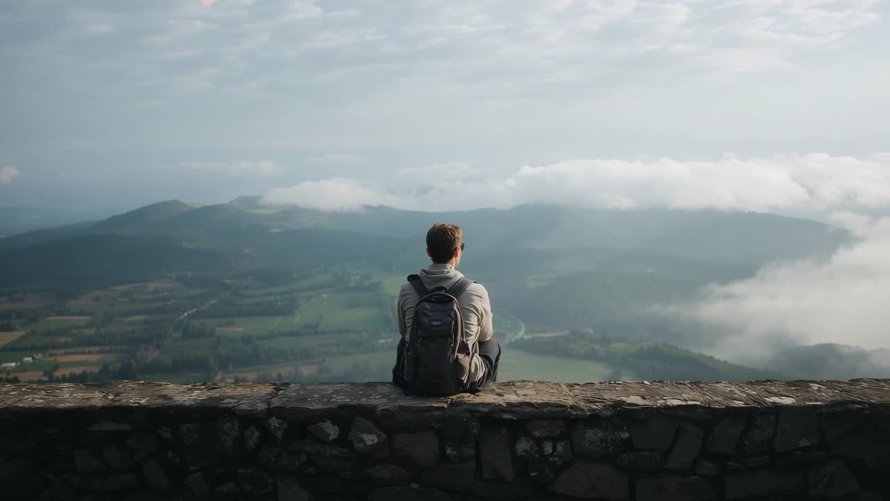 Escursionista con felpa grigia seduto che riposa, contemplando il panorama mentre le nuvole basse si spostano, zaino su un muretto di pietra.