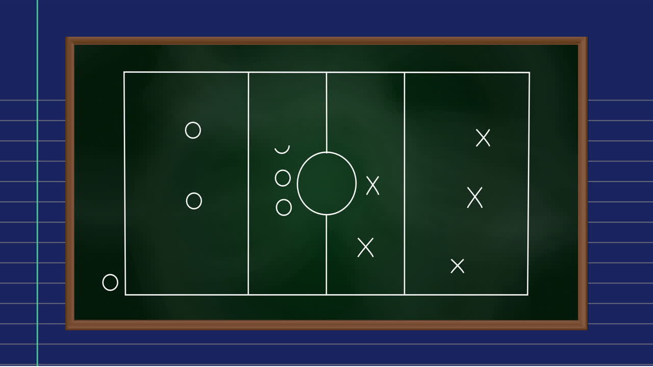 Animation of sports field with tactics and strategy drawings on ruled paper background