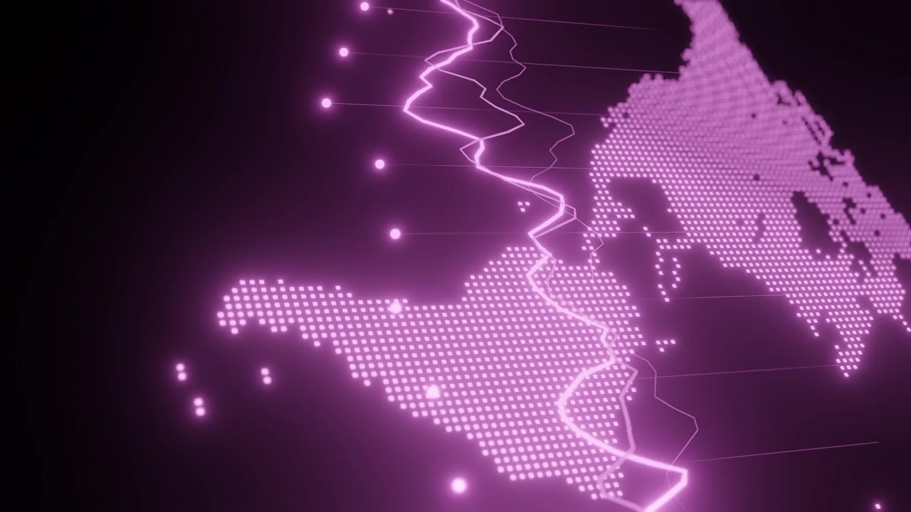 Digital map of South America with pink glowing data points and line graphs. Futuristic financial analytics and global business concept. 3D rendering for technology and investment themes