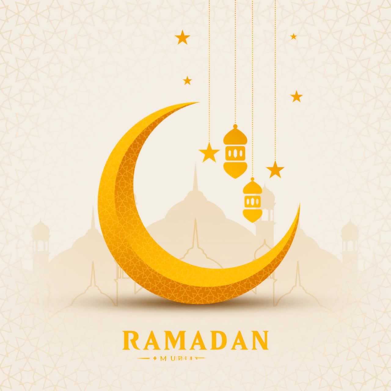 Animazione di auguri Ramadan Mubarak con luna crescente dorata, lanterne appese e sfondo con silhouette di moschea beige