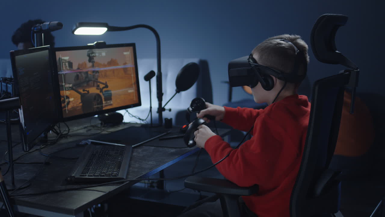 Boy Playing VR Space Simulation Game in a Studio