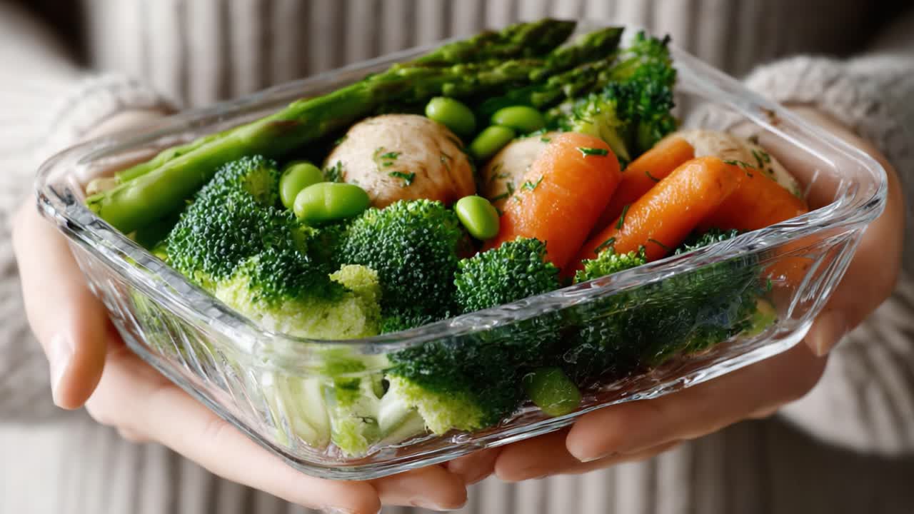 A Healthy and Colorful Meal Prep: Fresh Broccoli, Carrots, Asparagus, and Edamame in a Glass Container Held by Hands, Emphasizing Nutritional Balance and Fresh Ingredients