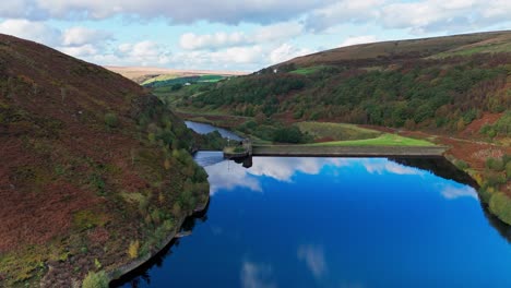 Aerial-drone-video-of-the-beautiful-English-countryside,-Wild-landscape-showing-moorlands-covered-in-heather,-large-lakes-and-blue-water