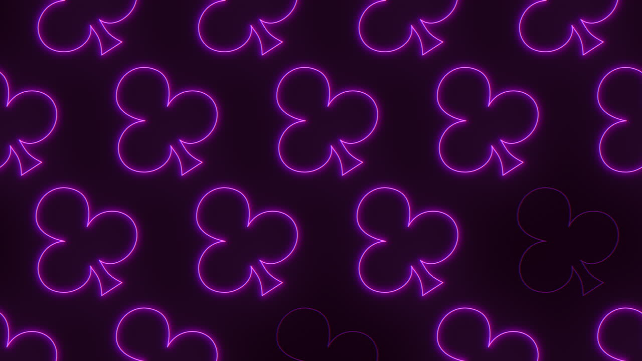 Vibrant and captivating neon pattern featuring symmetrical arrangement of purple clovers. The glowing effect enhances the beauty and allure of the design