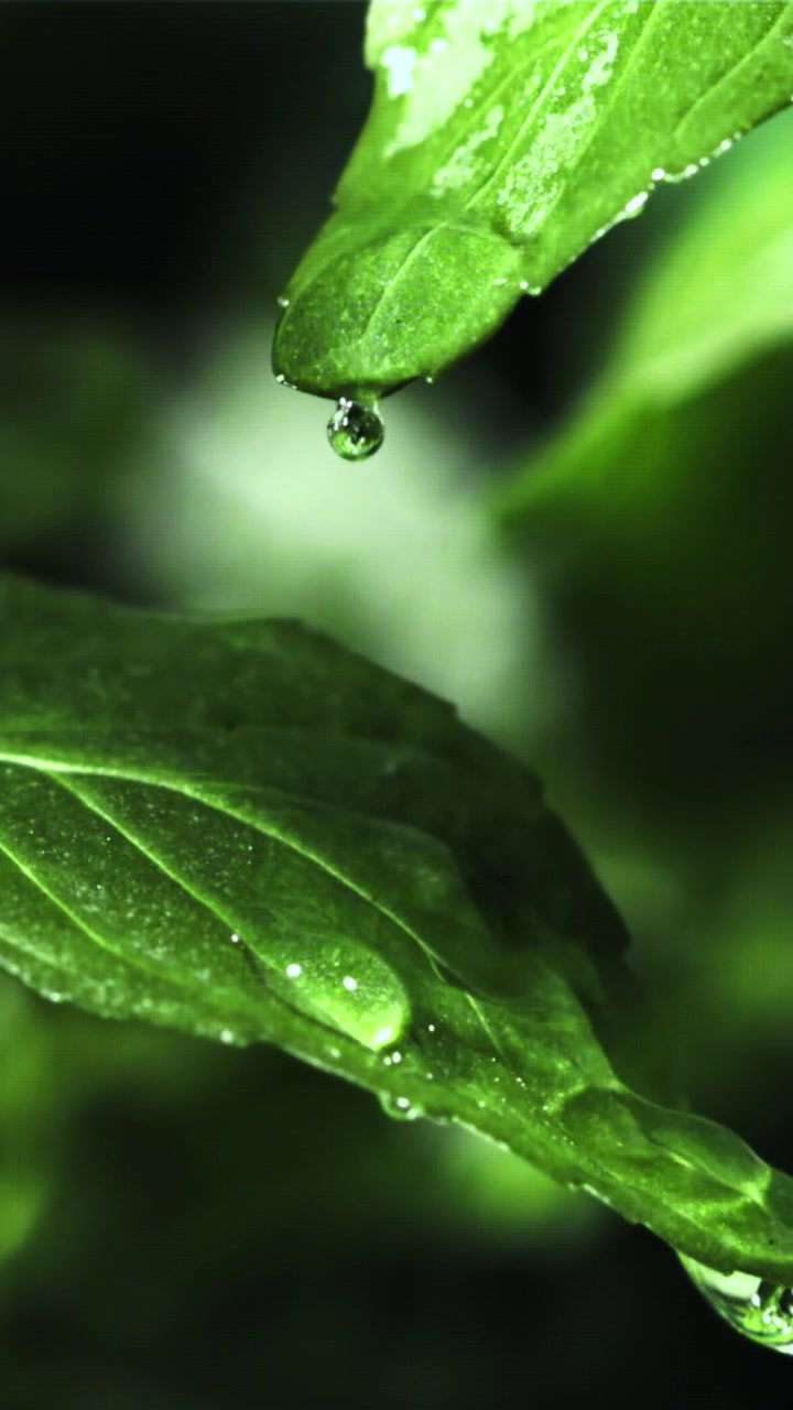 Primo piano di una goccia d'acqua che cade da una foglia verde.