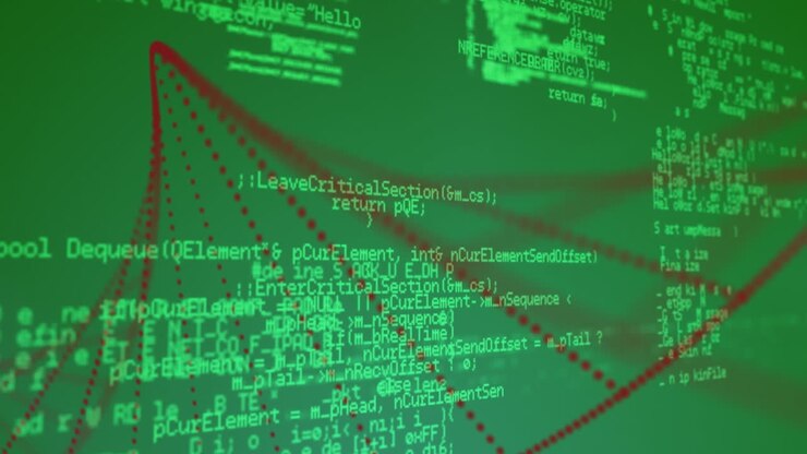 Animation af databehandling over roterende DNA-struktur mod grøn baggrund