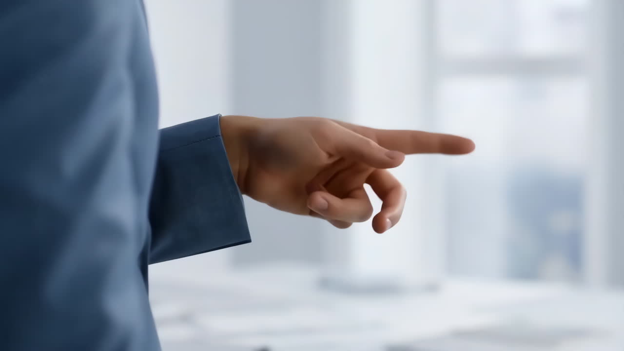Close-up of a hand gesturing or interacting with a virtual display