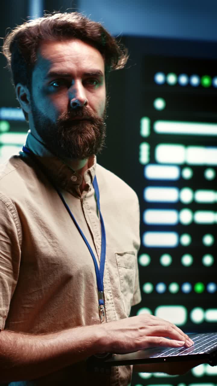 TechnikerIn für vertikale Videos wartet den Server-Hub