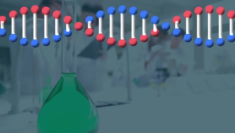 Animación-De-Una-Cadena-De-ADN-Girando-Sobre-Un-Grupo-De-Científicos-En-El-Laboratorio.