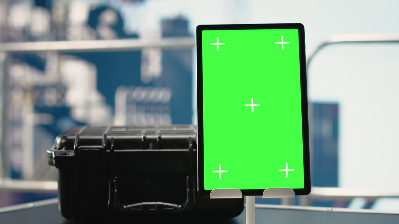 Vertical video Vertical green screen tablet on drilling barge displaying maintenance dashboard