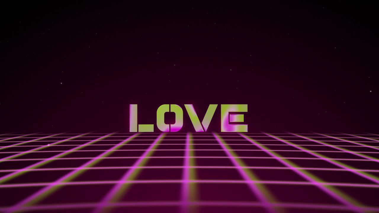 Rete wireframe synthwave anni '80 con testo LOVE su sfondo rosa. Sfondo retro-futuristico. Illustrazione 3D, rendering in loop continuo. 4K