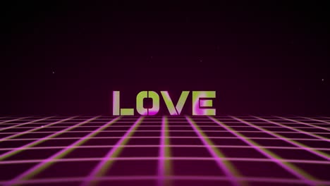 synthwave wireframe net 80s with text love on pink backgraund. retro futurism background. 3d illustration render seamless loop. 4k