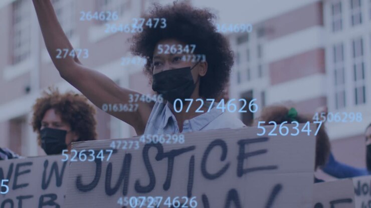 Animation of diverse people raising hands with face masks over numbers