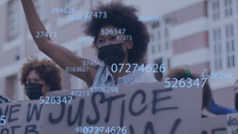 animation of diverse people raising hands with face masks over numbers