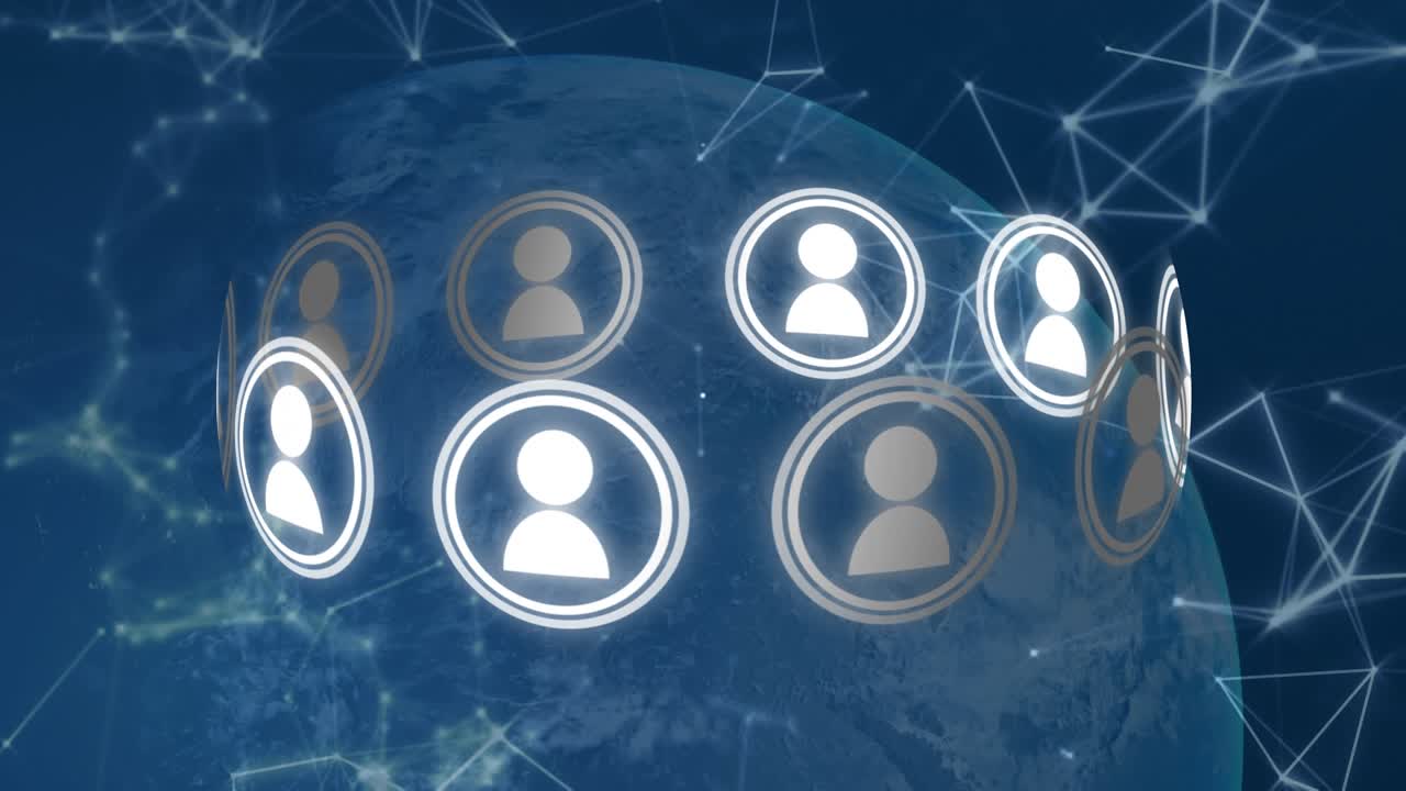 Animation of clock moving over data, icons and globe on navy background