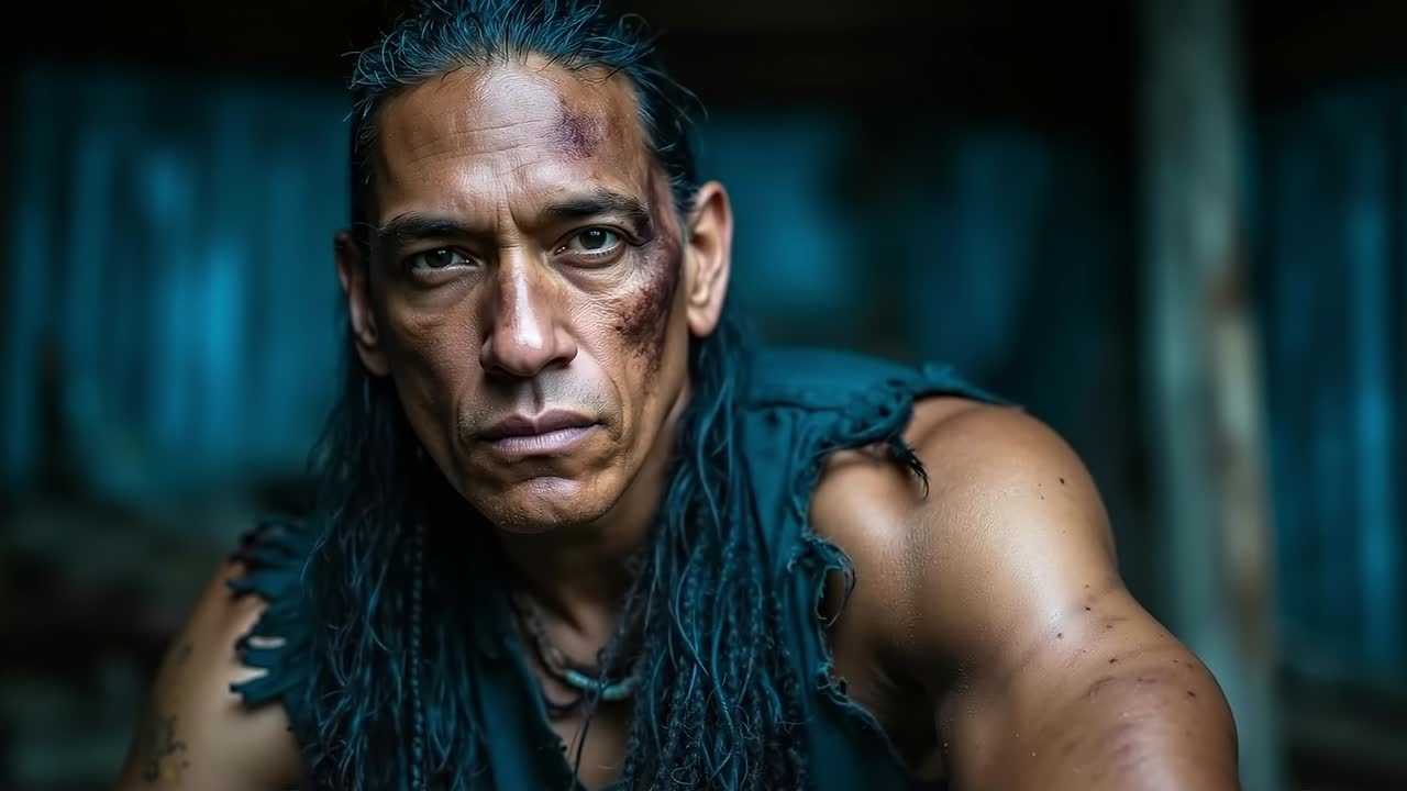 A man with long hair and a tattoo on his face