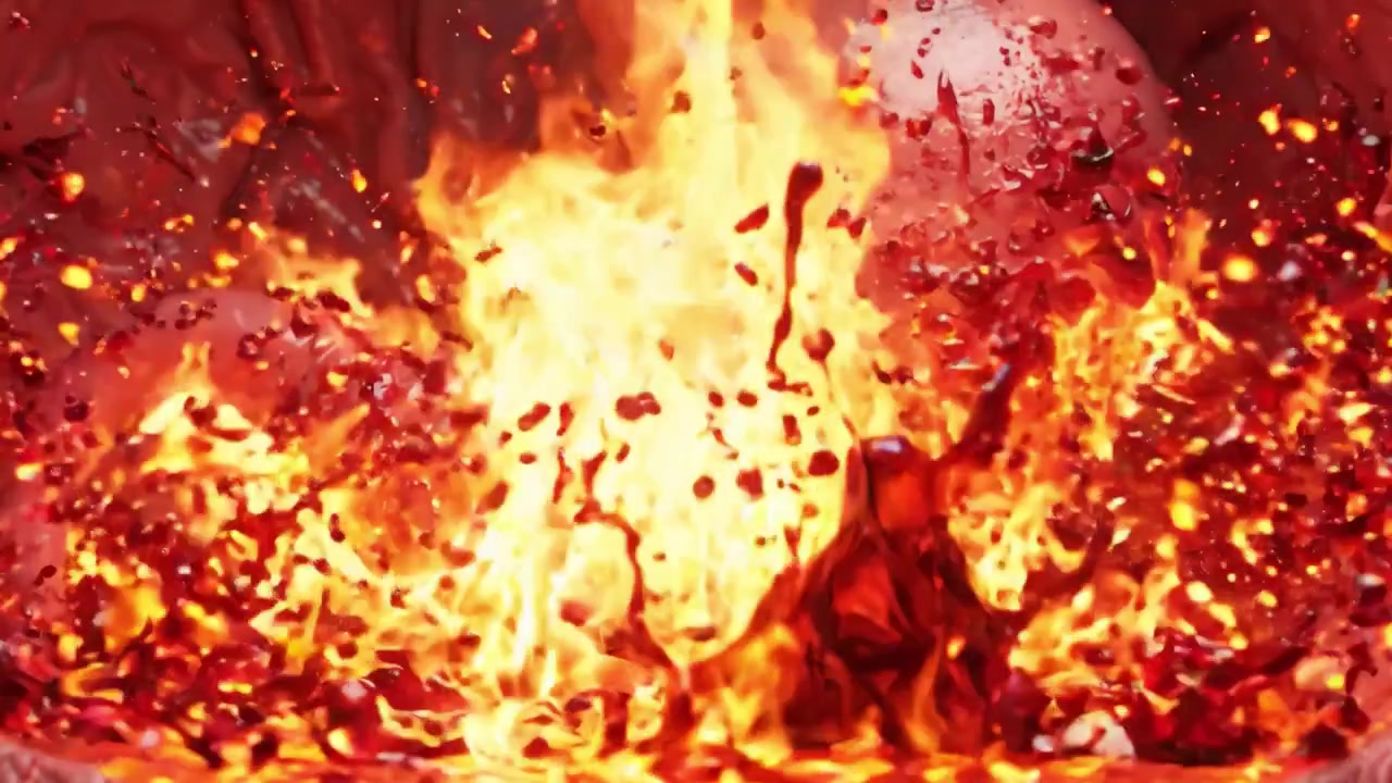 Una visualizzazione intensa dello stomaco umano: una trasformazione drammatica dalla normalità a uno stato infuocato e turbolento con fiamme interne e un'atmosfera disturbata.