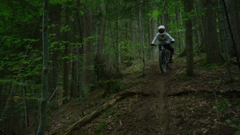 a cyclist kicks up a lot of dust while riding a trail in a forest