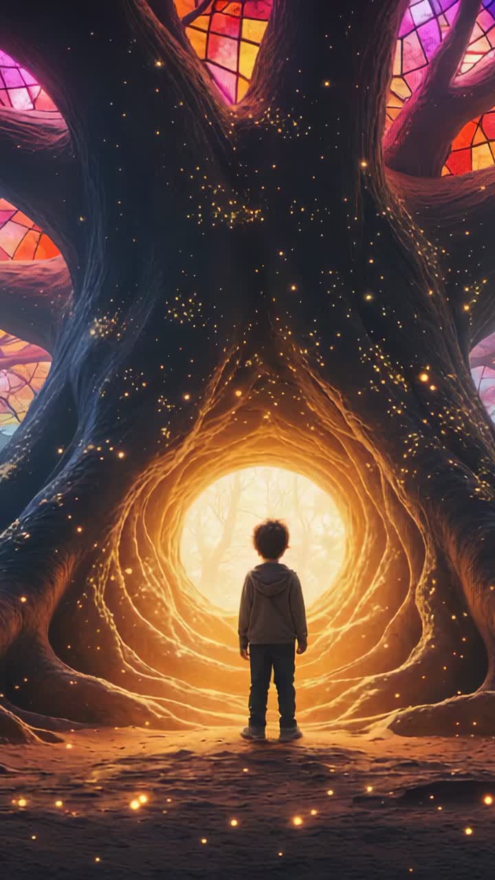 Vertical video: Entering forest clearing, boy in sweatshirt approaching tree portal, drawn by glow