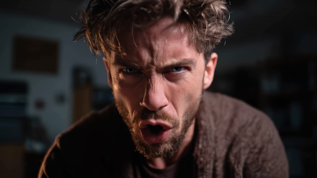 Intense Emotional Close-Up of a Bearded Man with Expressive Gestures, Conveying Anger and Frustration in a Low-Light Environment