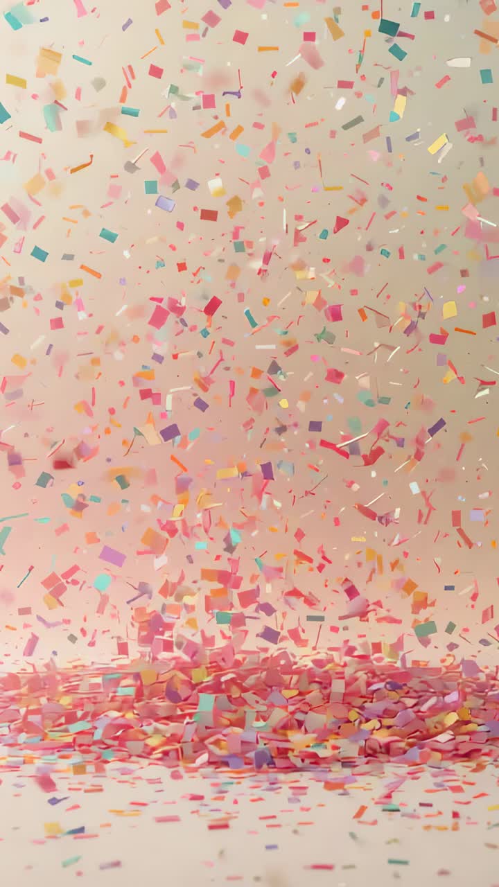 Video verticale: rilascio di coriandoli multicolore che cadono e si raccolgono su un pavimento beige, formando una pila